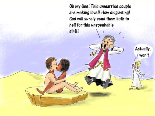 Cartoon: couple making love shocks priest, not God