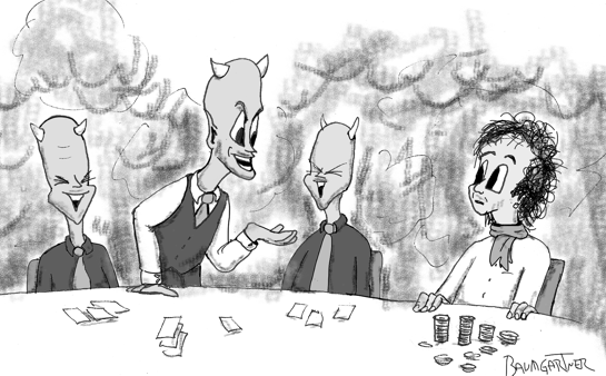 Cartoon: playing poker with Satan and his minions