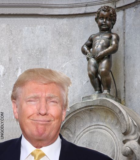 Manneken Pis peeing on Donald Trump