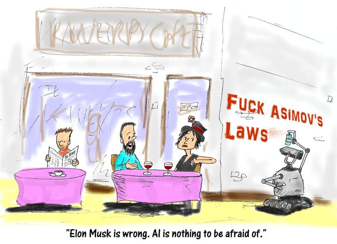 Cartoon of robot spraypainting "Fuck Asimov's Laws"