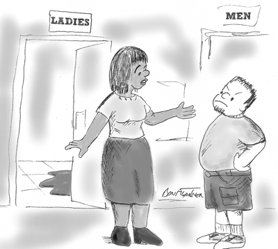 Cartoon: transexual tells father his daughter has hurt herself in the women's bathroom